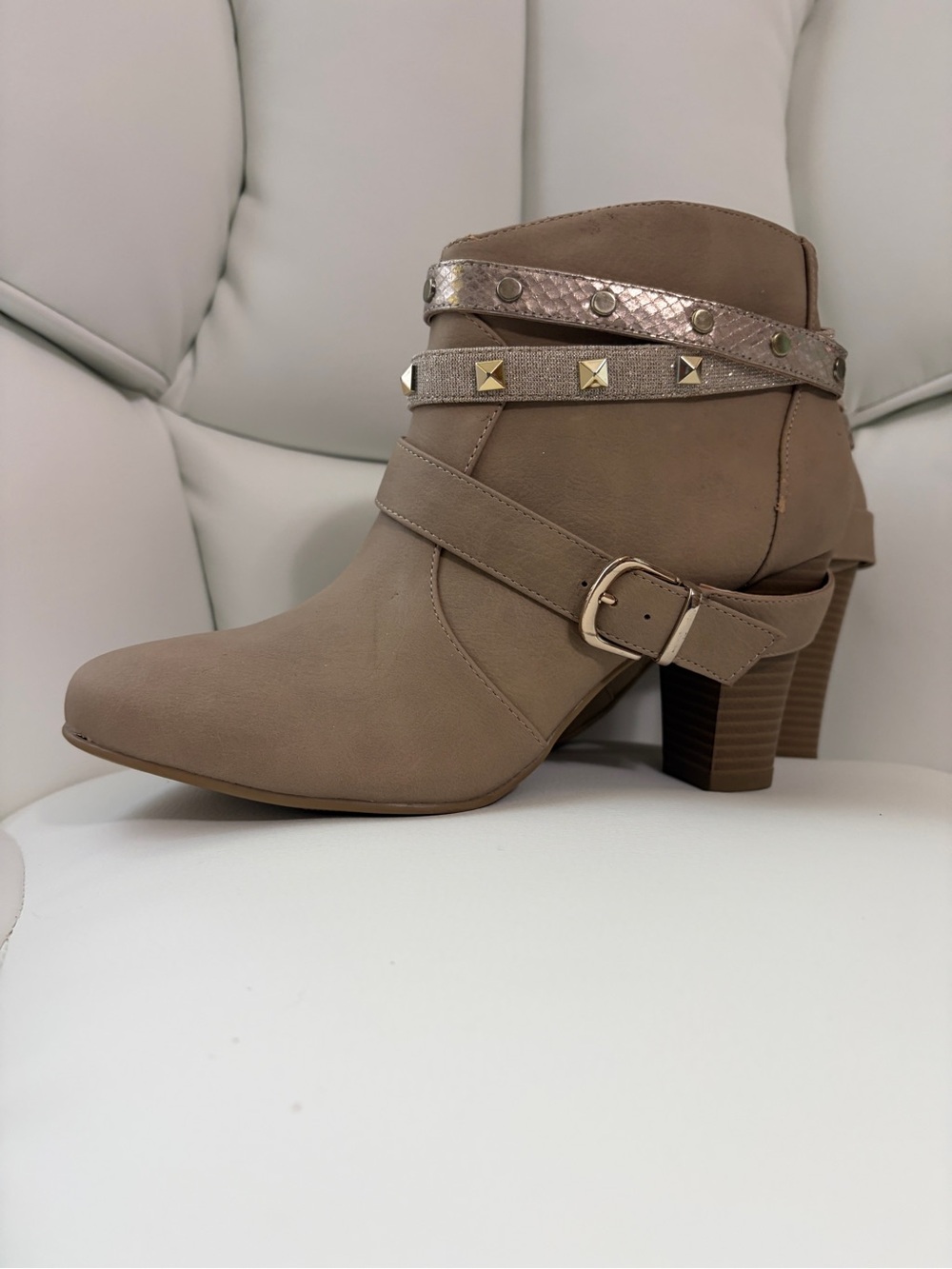 Jennifer Lopez Taupe Strap Ankle Booties with Stud Accents